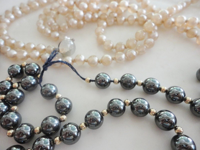 old shabby broken strand of knotted pearls necklaces pearl and black salvaged jewelry supplies lot 310