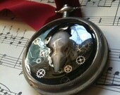 Pocketwatch Pendant with Genuine Mouse Skull & Gears (black)