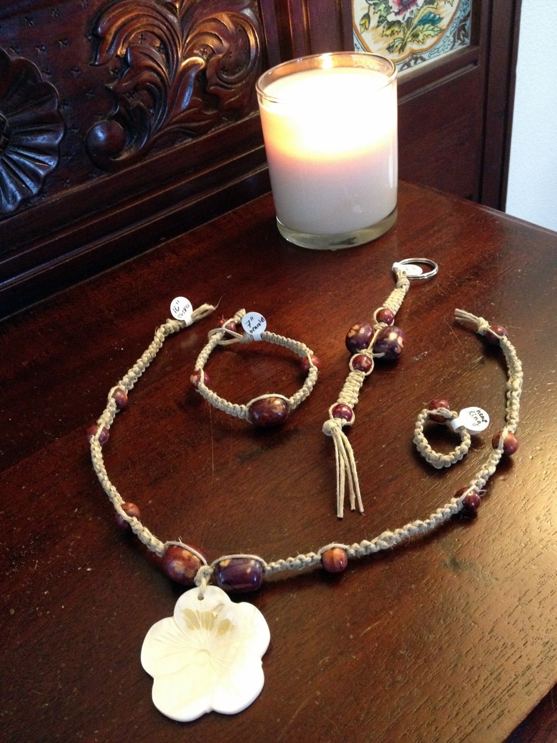 Beach Hemp necklace, bracelet, key chain, ring set