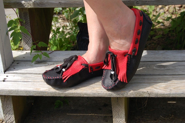 Custom Black and Red  Moccasins:   Women US size 4-12 / Men US size 5-12