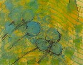 Bachelor's Buttons - Monotype Painting - Blue Flowers in the Wind