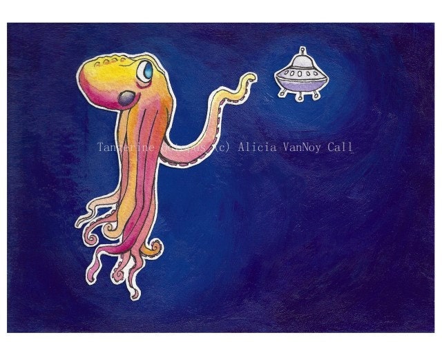 Colorful Cute Illustration Octopus Alien UFO Print 11x14 by Alicia VanNoy Call