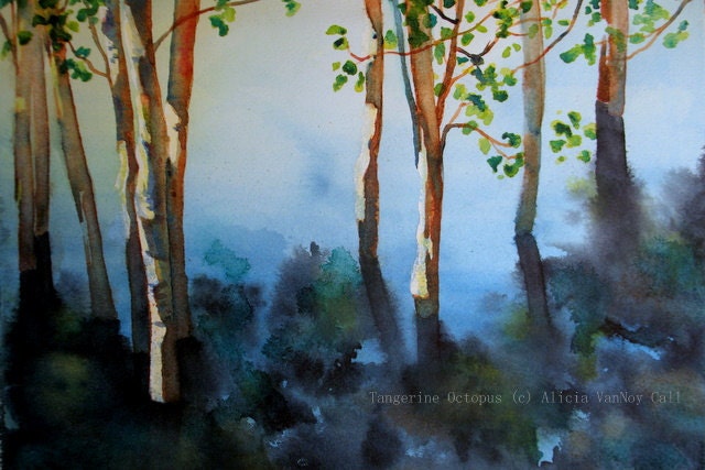 Print Watercolor Painting Lake and Aspens 8x12 by Alicia VanNoy Call
