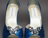 Custom Wedding Shoes -- Turquoise Blue Peeptoes with Butterfly Rhinestone Adornment