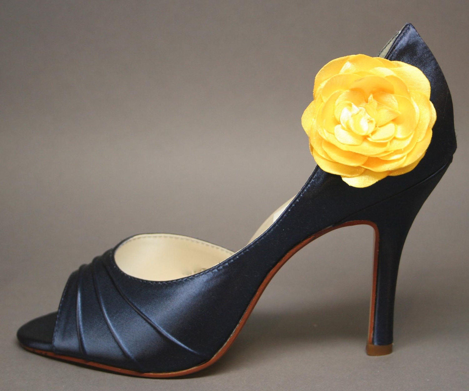 Wedding Shoes - Navy Blue Peeptoes with Yellow and Satin Flower Adornment