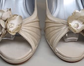 Ivory Wedding Shoes -- Ivory Satin Kitten Heels with Wedding Flower Details