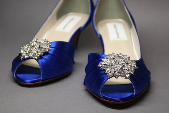 Wedding Shoes -- Royal Blue Peeptoe Wedding Shoes with Silver Rhinestone Adornment