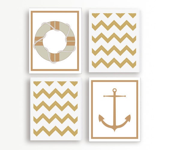 Set of Four Brown and White Nautical Art Prints, Float and Anchor, 8x10, Modern Wall Art, Brown and White Pattern Art Print