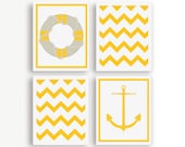 Set of Four Yellow and White Nautical Art Prints, Float and Anchor, 8x10, Modern Wall Art, Yellow and White Pattern Art Print