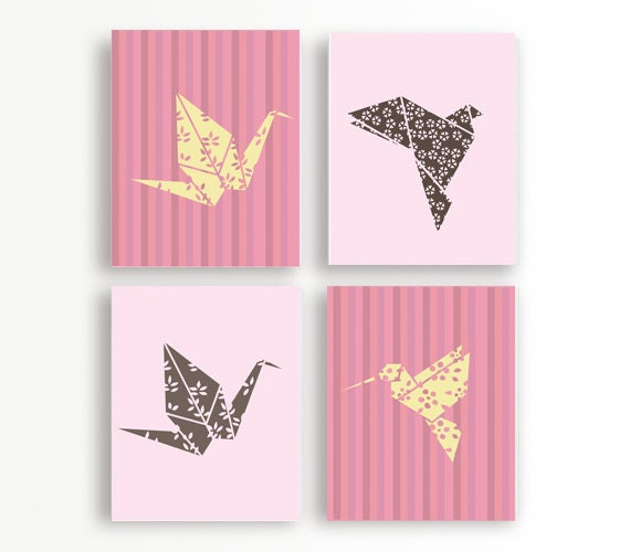 Origami Birds, Pink Birds wall art, Set of four Bird prints, 8x10, Art for Kitchen