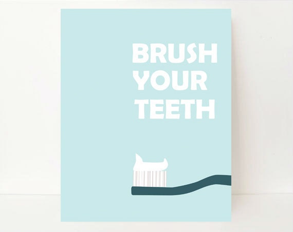 Modern Washroom Art Print, Modern Washroom Typography Print, 8x10, Brush Your Teeth, Sky Blue