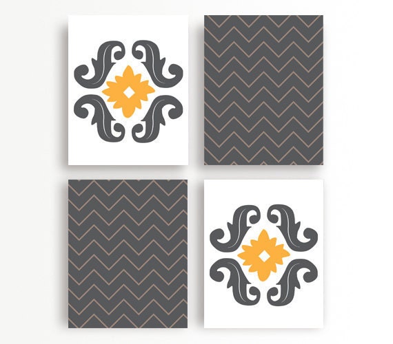 Set of Four Chevron & Damask Art Prints, 8x10, Boho Chic Wall Art, Gray and Orange Pattern Art Prints