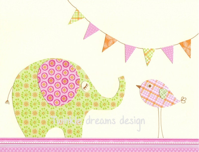 Digitable printable  Baby Room Wall Art Elephant childrens art kids room nursery decor playroom pink green orange
