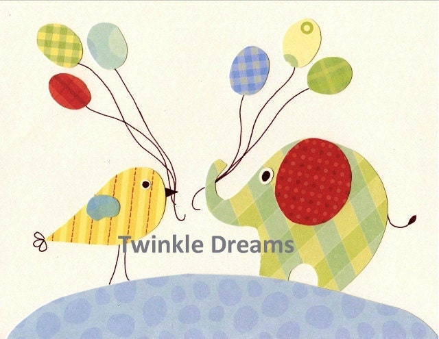 Baby Nursery Art Room Decor Elephant Blue and Green - Elephants Three - Children's/Nursery Art