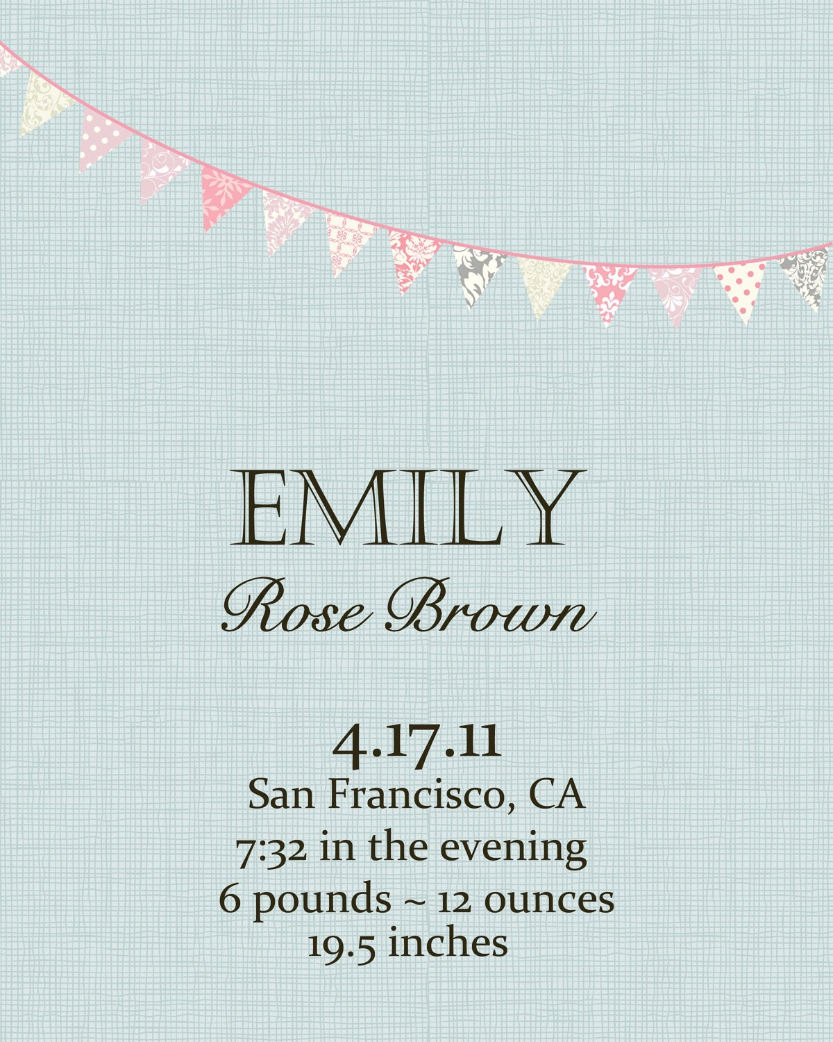 Reserved Listing for Ida.  Birth Announcement baby girl Nursery Wall Art Bunting Keepsake Birth Print