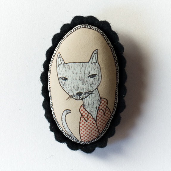 cat- color handcrafted and illustrated brooch felt
