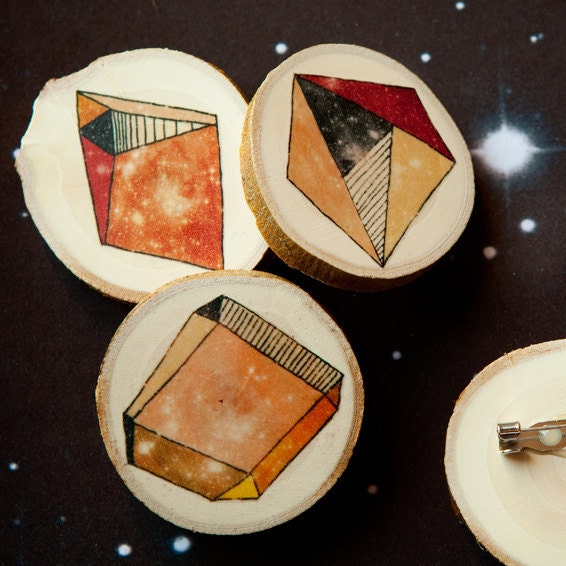 Geometric asteroids - Universe - Illustrated wooden brooch