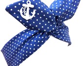 Pin Up ROCKABILLY Wire Headband - Blue Nautical Sailor girl Polka Dot Pin Dot with White Anchor Hair Wrap