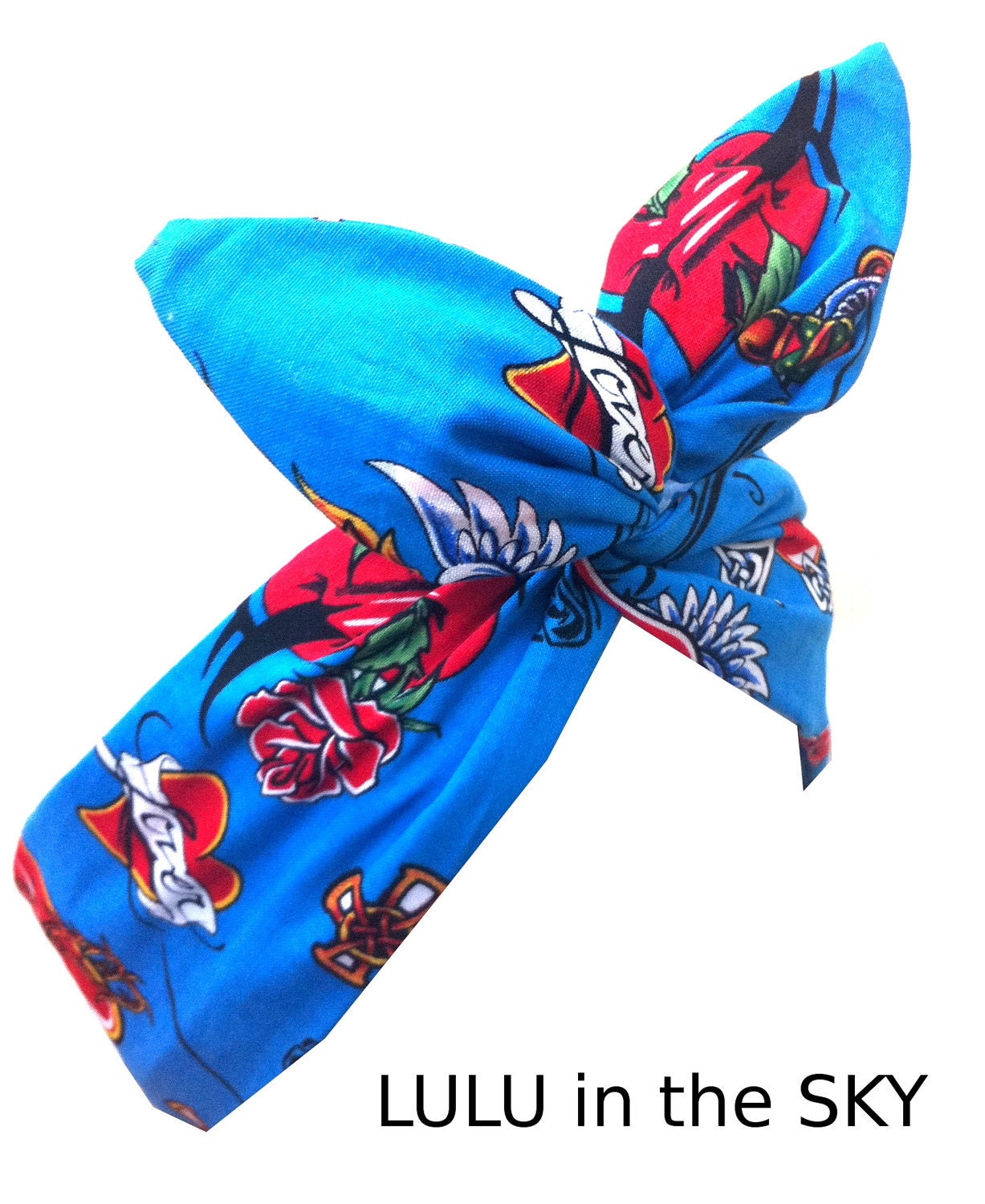 Blue Lover heart Tattoo Print wire ROCKABILLY Pin up Headband