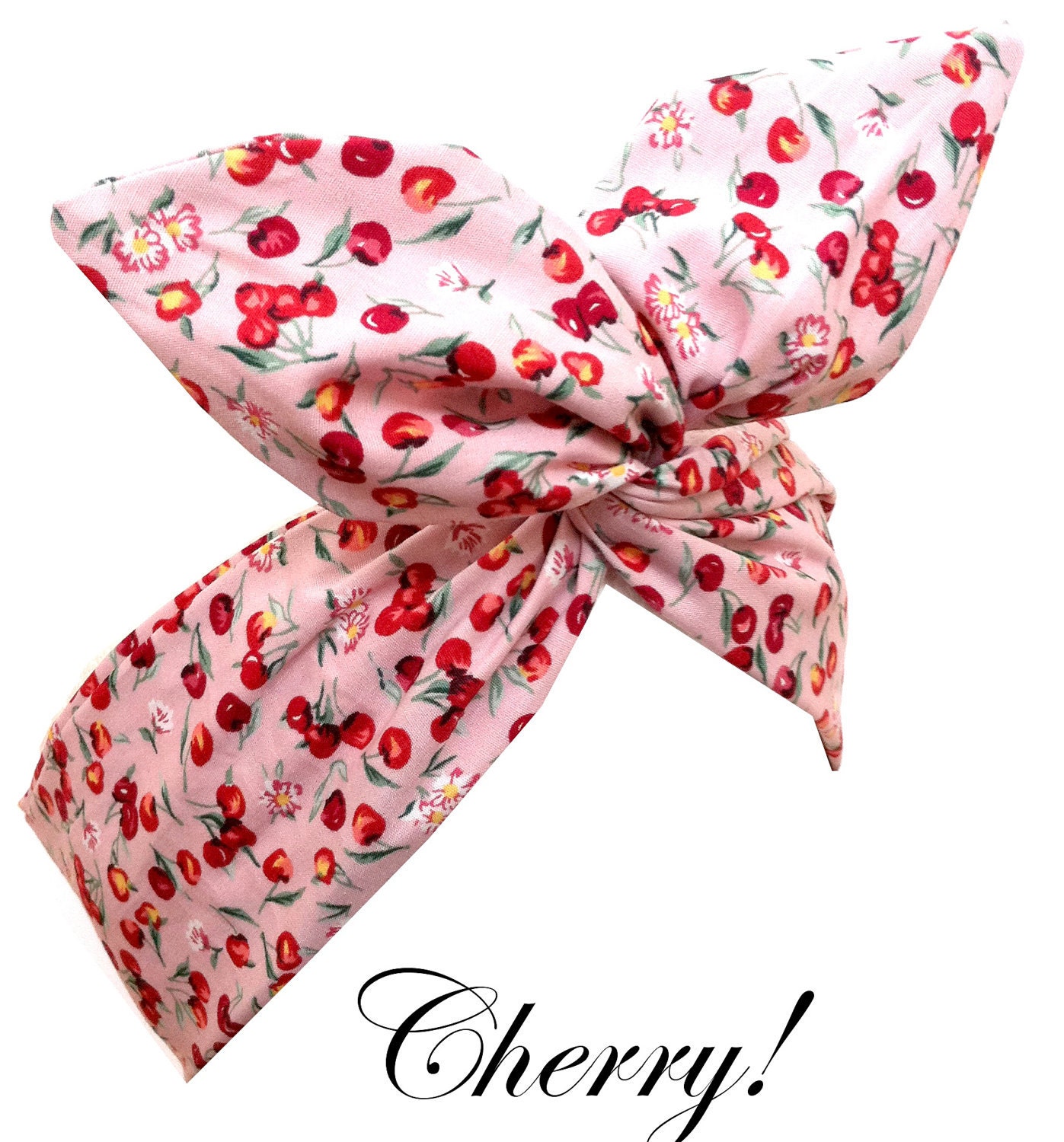 Pin Up ROCKABILLY Baby Pink CHERRY Print Wire Headband Hair Wrap