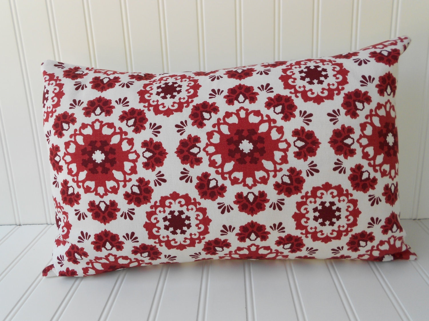 Red Pillow - 12 x 18 inch Throw Pillow - Red and White Medallion