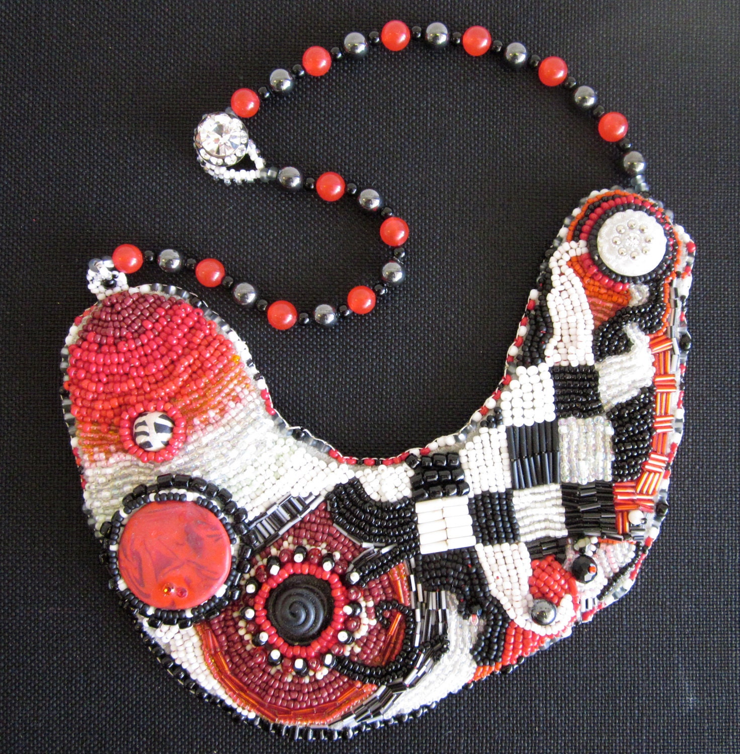 RETRO STYLE checkered swirls hematite bead embroidered red jade statement necklace