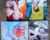 Greeting cards blank inside set of 4 original oil paintings by Nicole Roggeman romantic love holding hands dance pinwheels anniversary cards