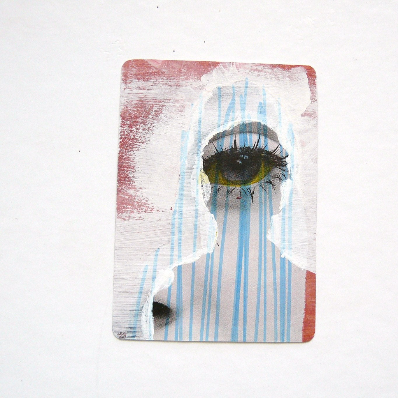 original ACEO pop art portrait  --  altered magazine photo  --  woman eye, face, pink, blue, yellow, outsider art, eyes