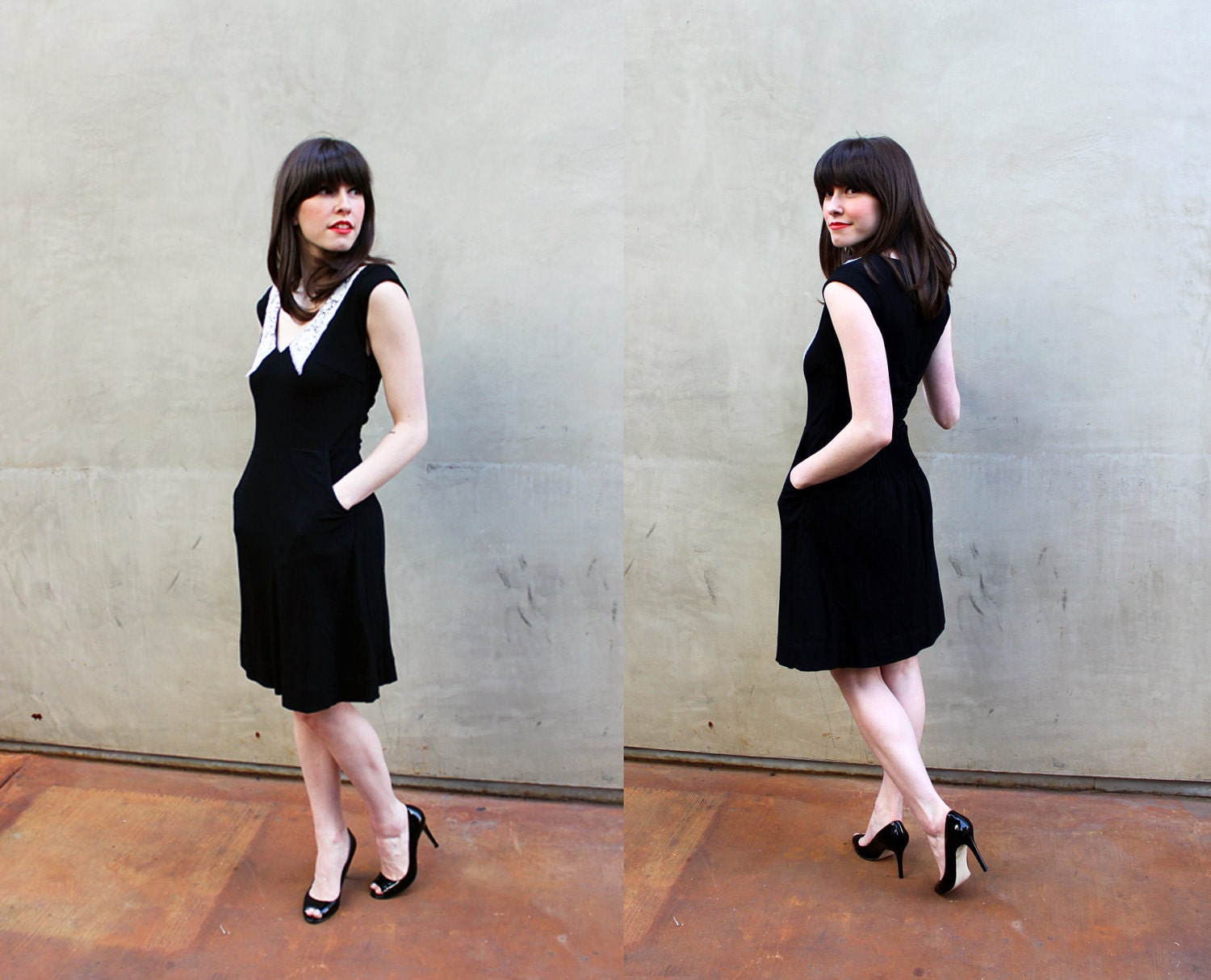 AN EDUCATION - White lace collar vintage inspired little black dress with pockets // stretch ponte knit // v neck // victorian