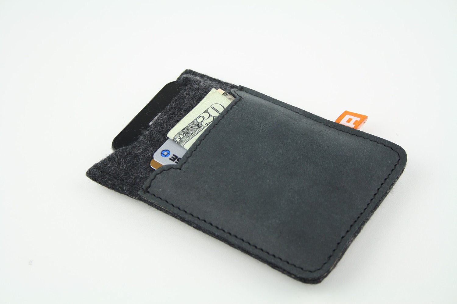 iPhone4 Case / Wallet (Marpole) - Anthracite Wool Felt with Black Leather