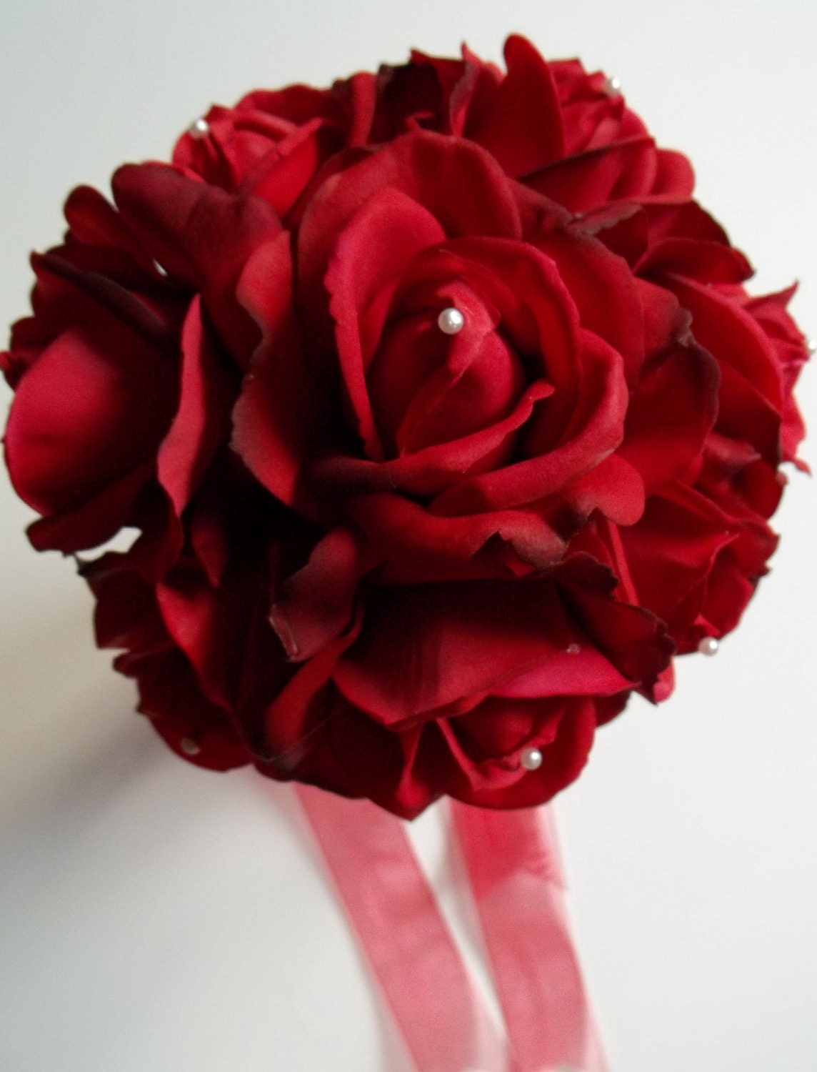 Real Touch Round Wedding Bouquet with open faced Red Roses. Hand tied.