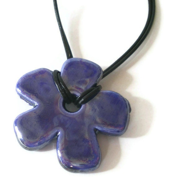 blue flower necklace, ceramic pendant, black leather cord , shabby chic, daisy, cobalt blue