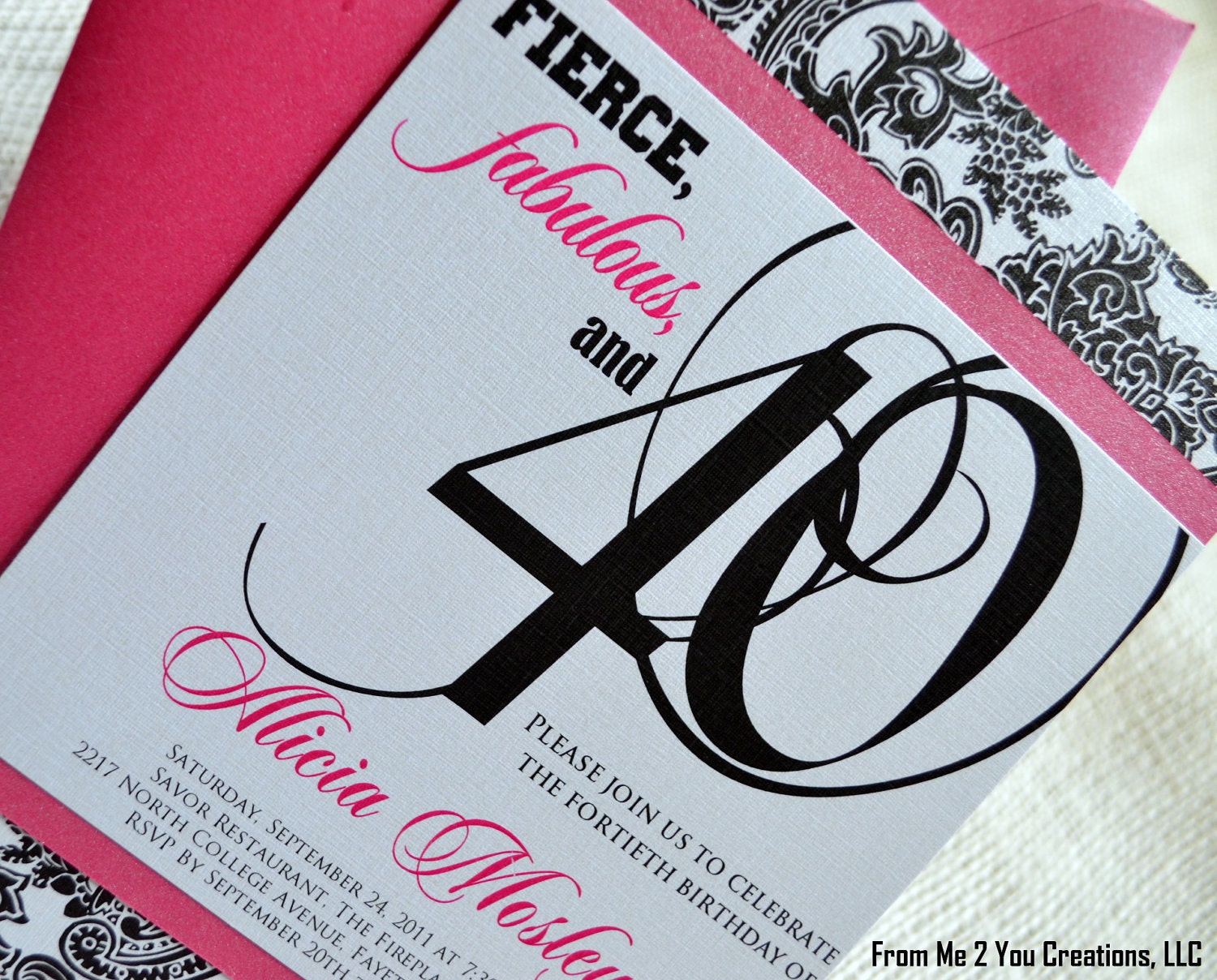 Pink Birthday Invitation--Custom Pink and Black Paisley Birthday Party, Anniversary Party, Graduation, or Wedding Invitation, 40th Birthday