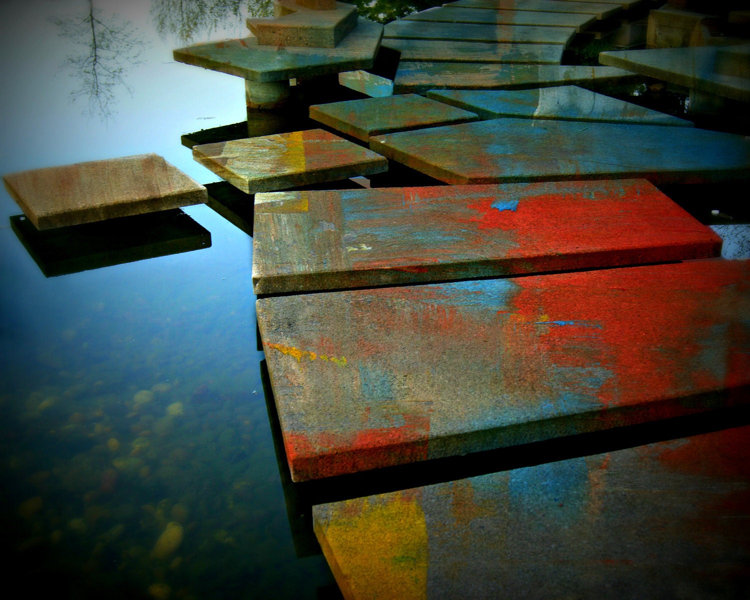 Abstract Photo, Surreal Photo, a Stepping Stone Walkway, 8x10 Fine Art Photo, Home Decor in blue and red, Original Fine Art