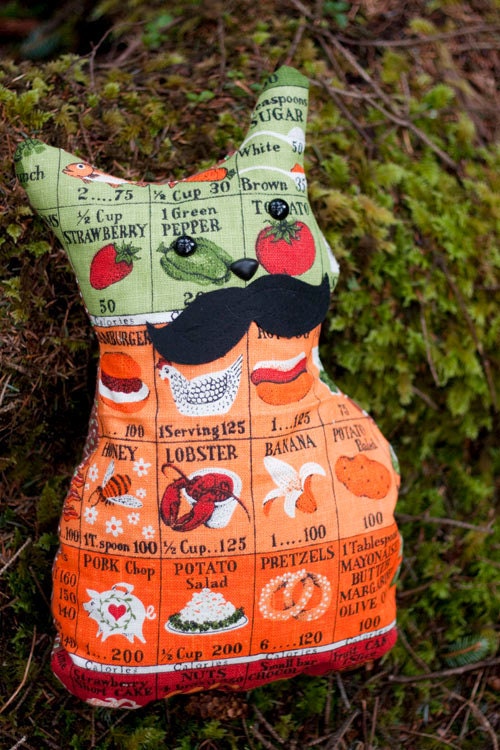 Garibaldi - Mustache  Whimsy Stuffed Cat Decorative Pillow Made From Vintage Calorie Count Tea Towel