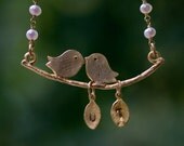 tunning Custom Lovebird necklace with Personalized Initial Leaf Charms and natural wire wrapped white freshwater pearls