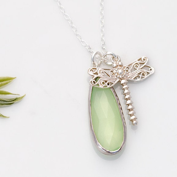 Light Green Chalcedony bezel Necklace - Chalcedony Necklace - Dragonfly Charm - Dragonfly Necklace - Sterling - Dragonfly Necklace Pendant