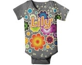Personalized Children Clothing, Baby Girl Onesie, Gray Bubble Flowers
