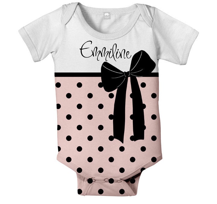 Personalized Onesie, Baby Girl Bodysuit, Pink Polka Dot Bow Baby Clothing