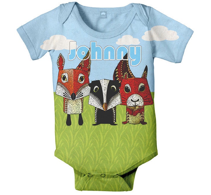 Baby Boy Onesie, Personalized Woodland Fox, Squirrel, Skunk Baby Clothing
