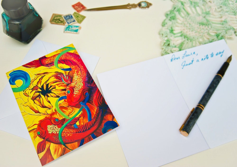 Pisces Gift - Koi Fish Art Print - Blank Card