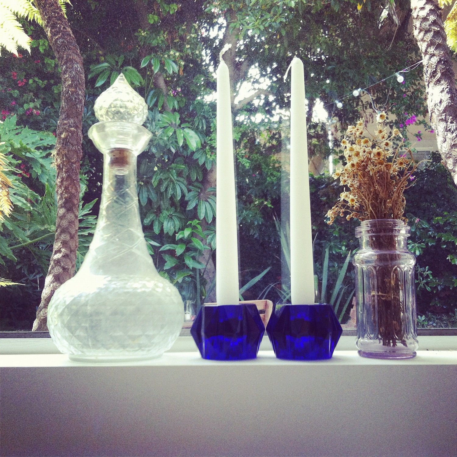 Vintage Geometric Candlesticks Glass Cobalt Blue