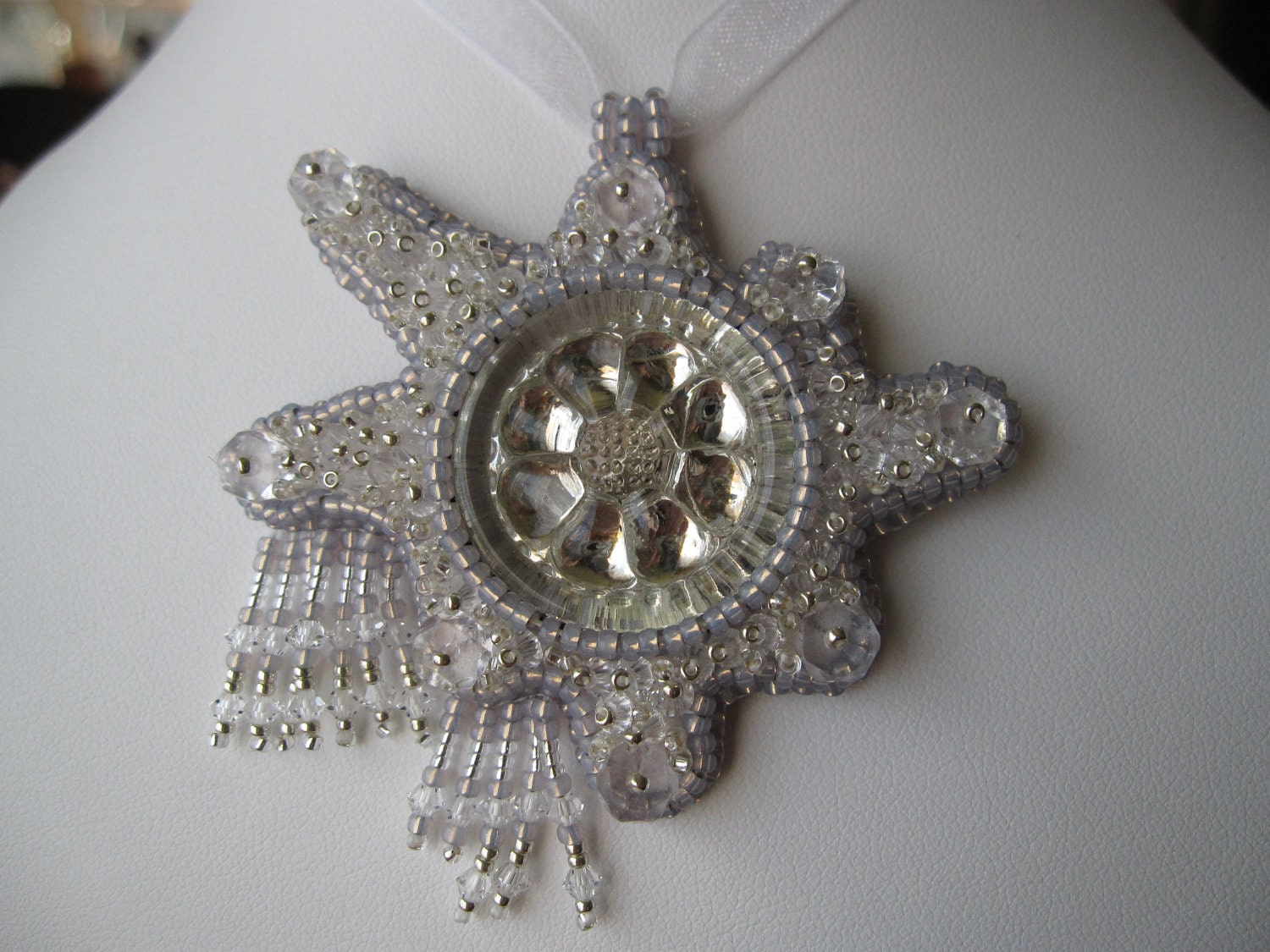 Bead Embroidery Pendant or Broach you decide....snowflake - antique button focal point - abstract design