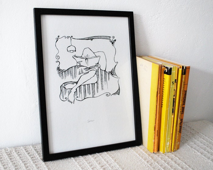 Black and white art - Minimalist drawing - Line art print - Girl With A Book - Book drawing 10x8 or A4