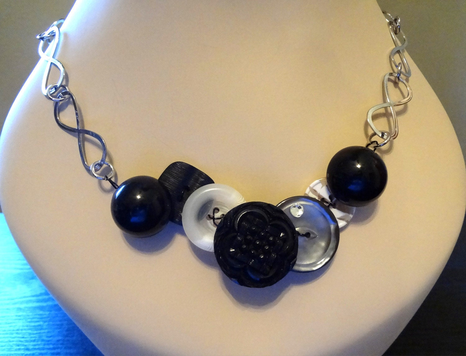 London Fog Black and Grey Button Necklace   Upcycled buttons  Button Jewelry Vintage Buttons T724
