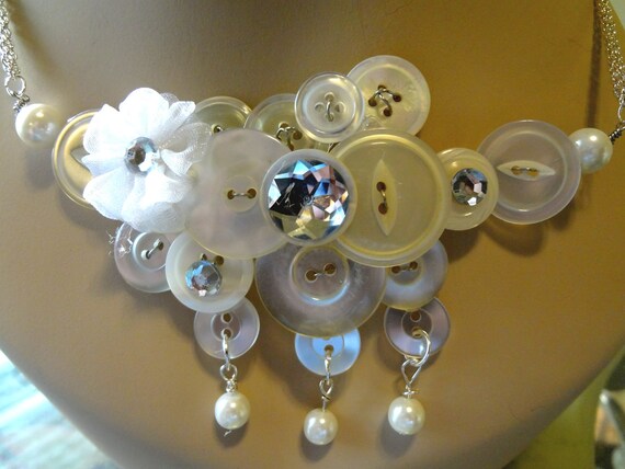 Pearls and Lace Button Necklace Button Jewelry Vintage Buttons Pearls Repurposed Buttons T824