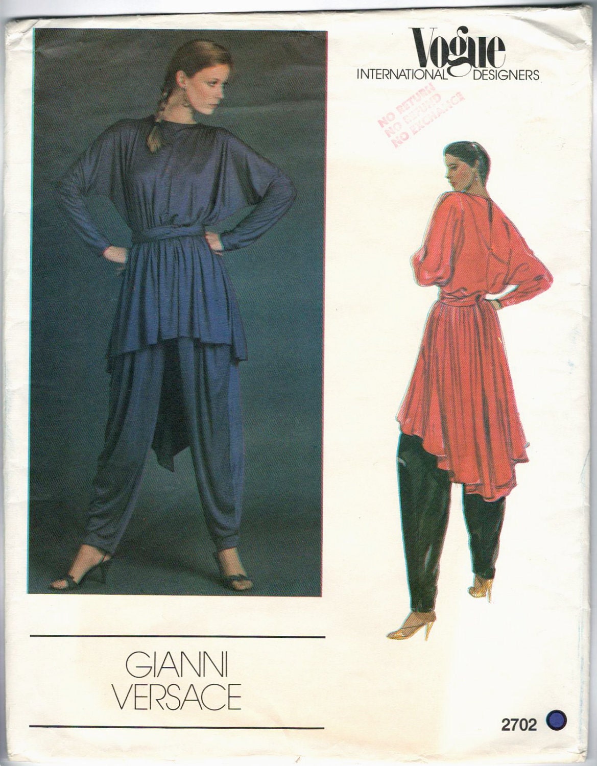 Vogue 2702 by Gianni Versace: 1980s pattern for a draped tunic, harem pants, and sash.