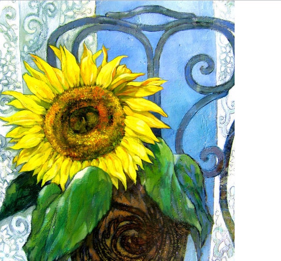 ORIGINAL "Yellow sunflower in sunshine" Oil painting on canvas 13-1/2"x10-1/2"