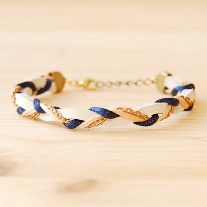 Leather & Brass Braided Bracelet in Navy and Coral, "The Bohemian"