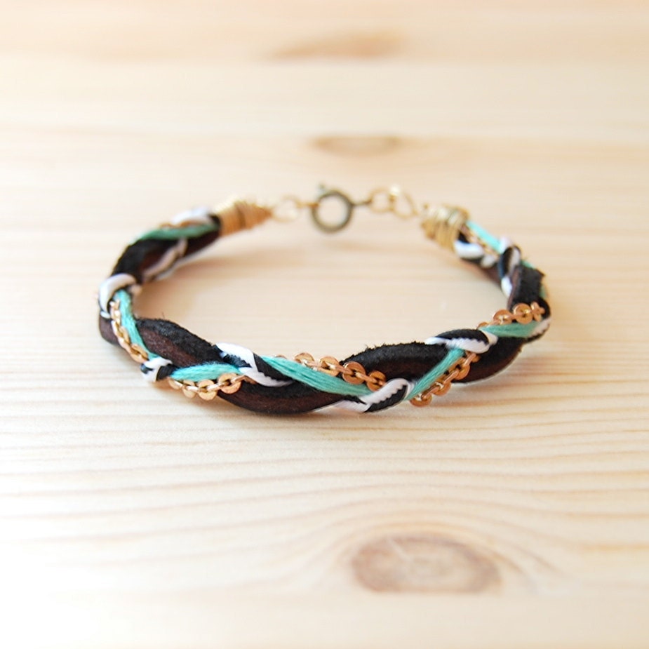 Leather & Brass Braided Bracelet in Black and Teal, "The Bohemian"